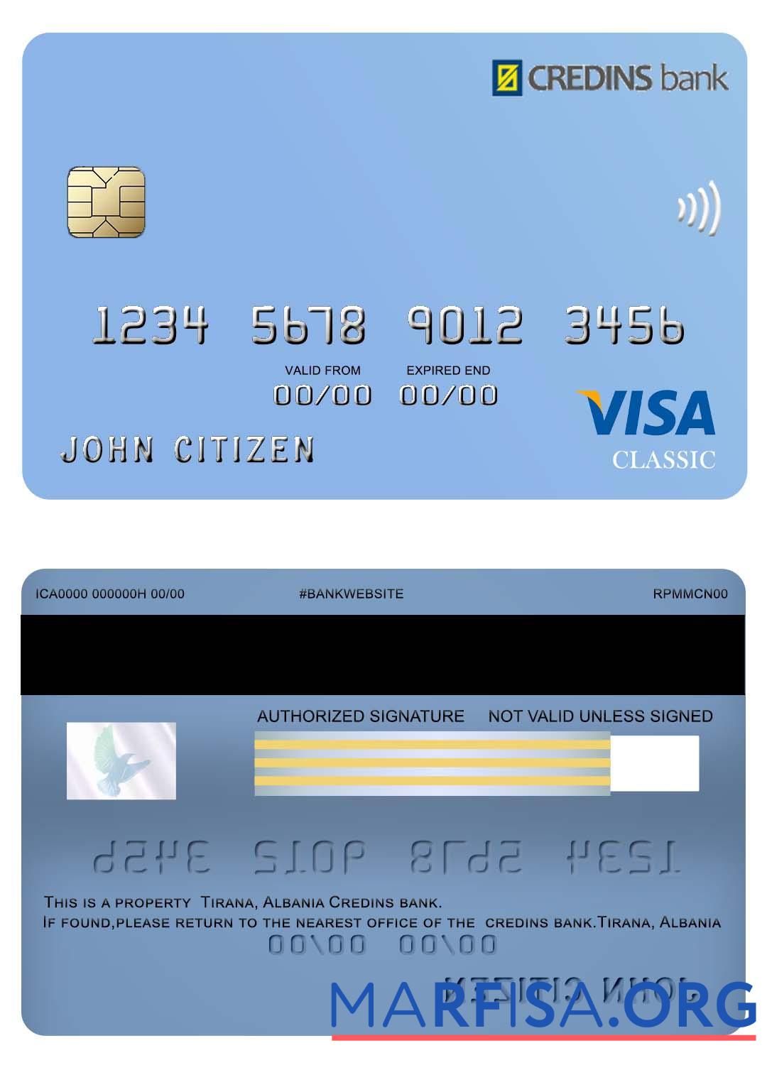 Blank Albania Credins bank visa debit real example